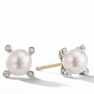 David Yurman Cable Pearl Stud Earrings in Sterling Silver with Diamonds